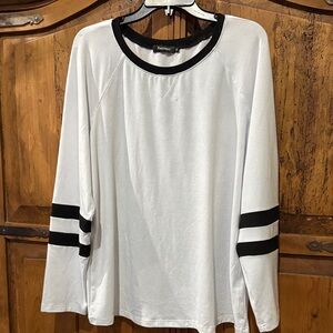 White Long Sleeve Shirt with Black Trim and Sleeve Stripes